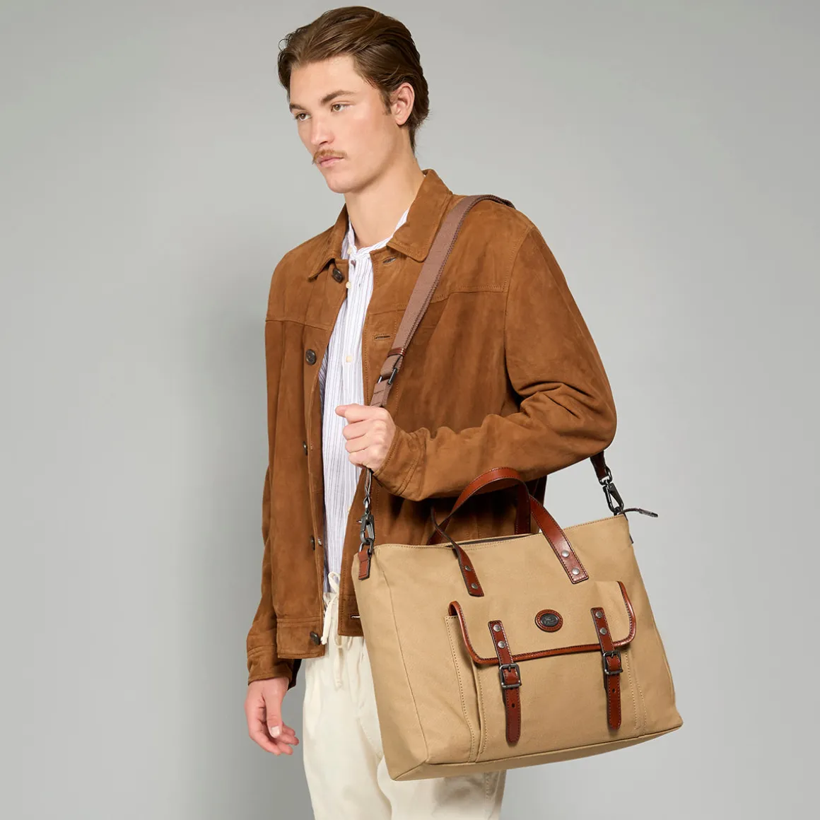 Zaino in pelle e tessuto uomo
